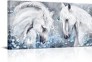 sechars White Horse Canvas Wall Art Horses with Flower Painting Picture Prints Modern Grey and Blue Home Living Room Bedroom Decorations 24x48 Inch