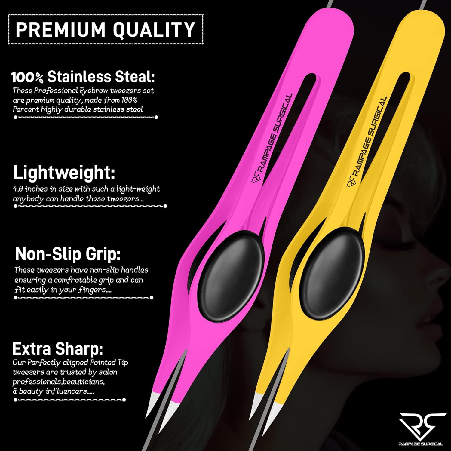 Professional Eyebrow Tweezers Pointed Tip Stainless Steel 2,3xPcs Set, Non-Slip Grip Point Tip Tweezers for Facial Hair, Plucking Removing Ingrown Hairs, Tweezer for Women Men