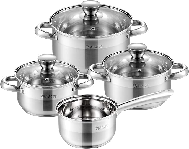 Velaze Pots and Pans Stainless Steel 7 Piece Saucepan Set with Strainer Lids Cookware Sets
