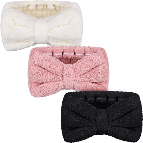 Hicarer 3 Pieces Wash Face Headband Makeup Spa Headband Towel Terry Hair Bands Microfiber Bowtie Shower Facial Adjustable HairBand for Women (Pink, Blue, White)