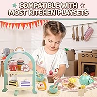 Vista 4 de Juego de juguetes de madera para tartas, juego de fiesta de té, juguete de comida de postres con soporte para cupcakes, accesorios de cocina