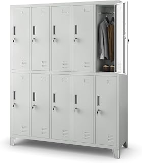 Jan Nowak Umkleideschrank Spindschrank Metall, 10 Fächer, abschließbar | Schließfachschrank für 10 Nutzer, Kleiderstangen, Lüftung, Etikettenhalter, Stahlkorpus und Wandmontage, 172x136x45 cm