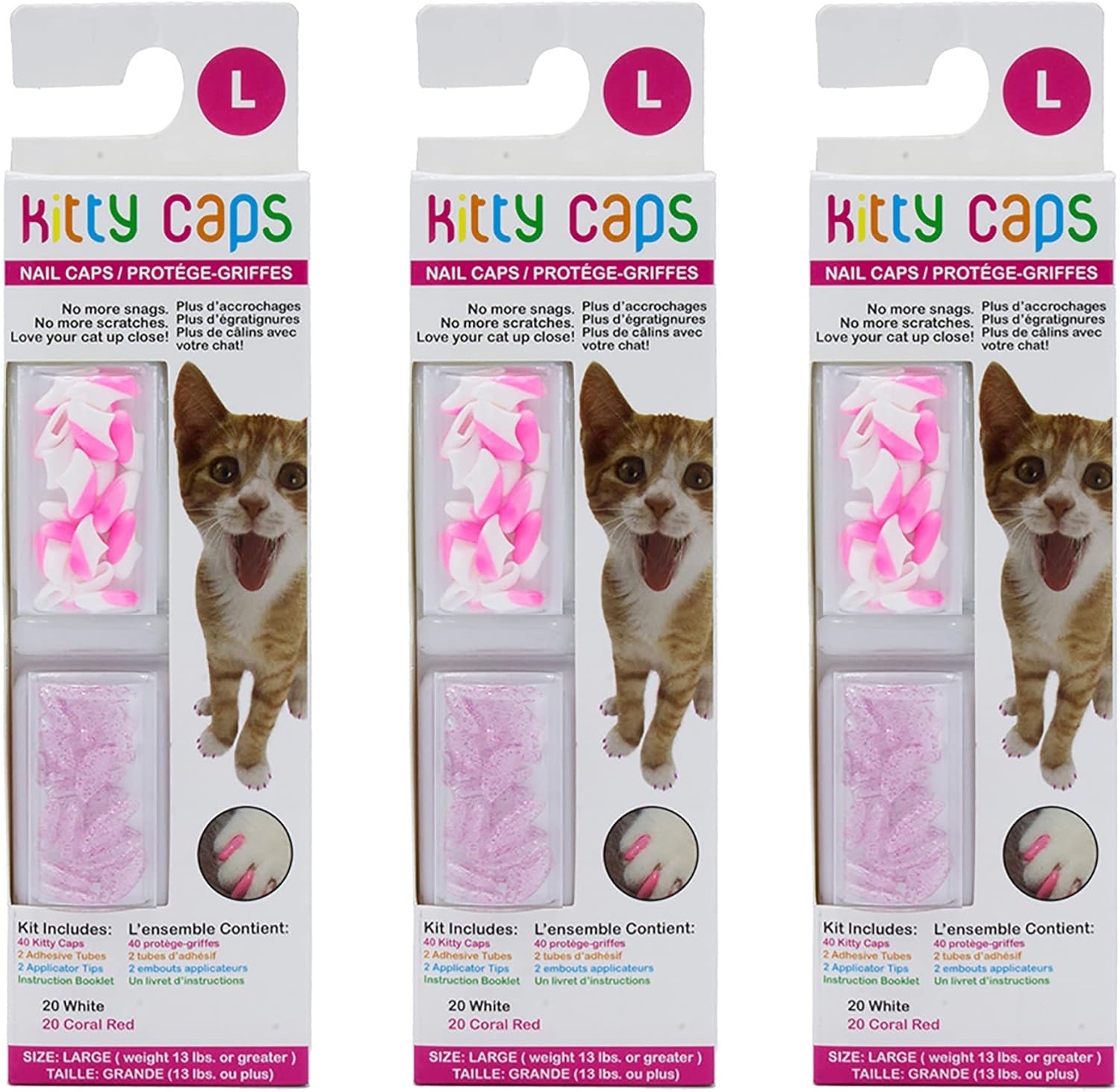 Kitty Caps Nail Caps for Cats | Safe, Stylish & Humane Alternative to Declawing | Stops Snags and Scratches, Medium (9-13 lbs), White with Pink Tips & Clear with Pink Glitter - 24 Pack