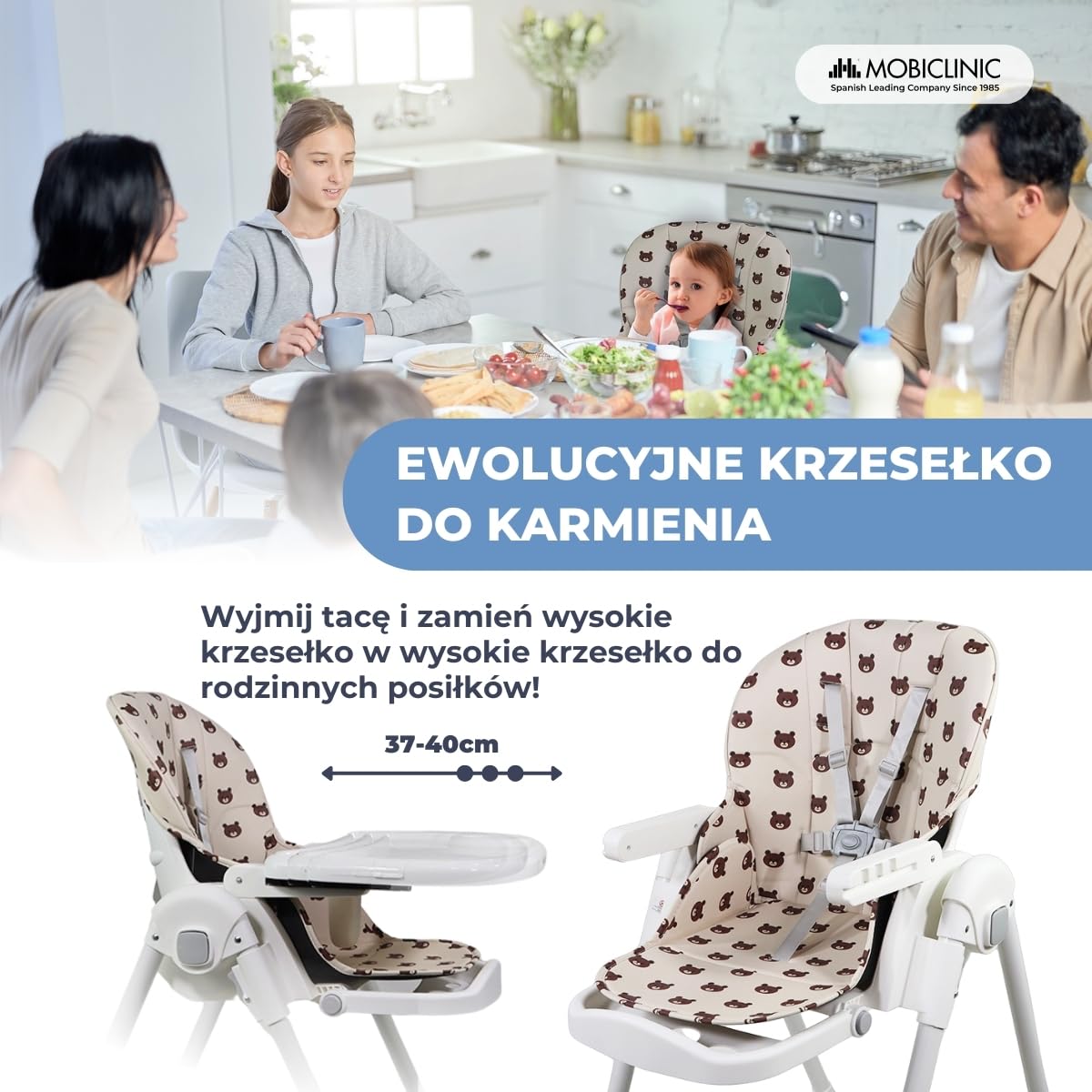 Mobiclinic®, Wysokie krzesełko dla dziecka, Evolutive, Dodatkowe składanie, Możliwość przekształcenia w krzesełko, Simba, 5-punktowe, Kółka z hamulcami, Podwójna wyjmowana tacka