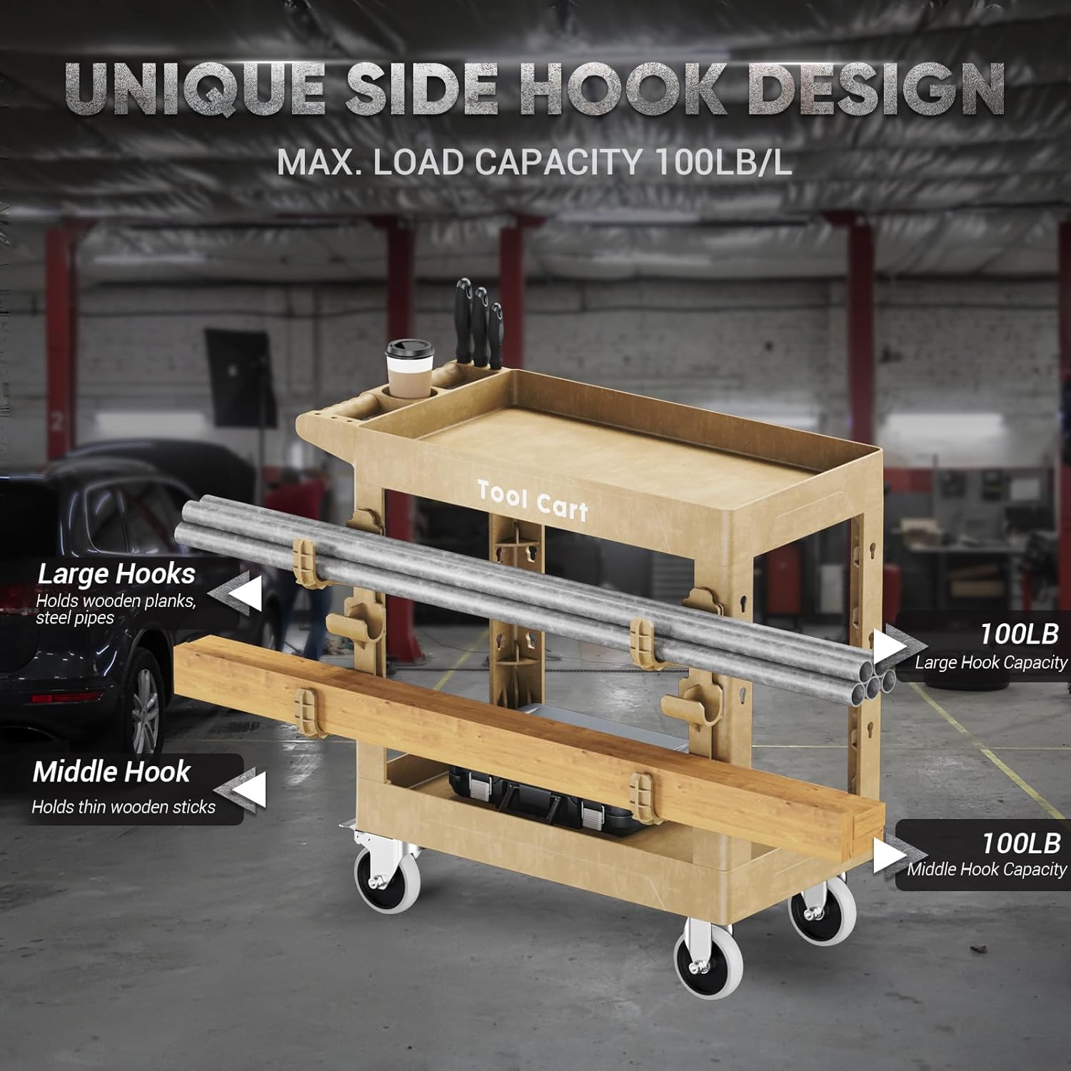Garden Cart on Wheels, 600Lbs Gardening Scooter with Upgraded Side Tube Holder Hooks&Full Swivel Wheel, 34 x 17 Inch Deep Shelve 2 Tier Yard Cart for Outdoor, Patio and Yard, Wood