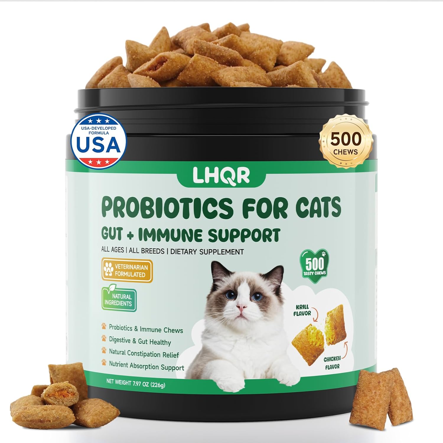 500 Probiotics for Cat - Digestive Enzymes & Prebiotics for Gut Health, Probiotic Tasty Chews Diarrhea Relief & Gas Treatment, Pumpkin Formula for Sensitive Stomachs & Itchy Skin Support, Chicken