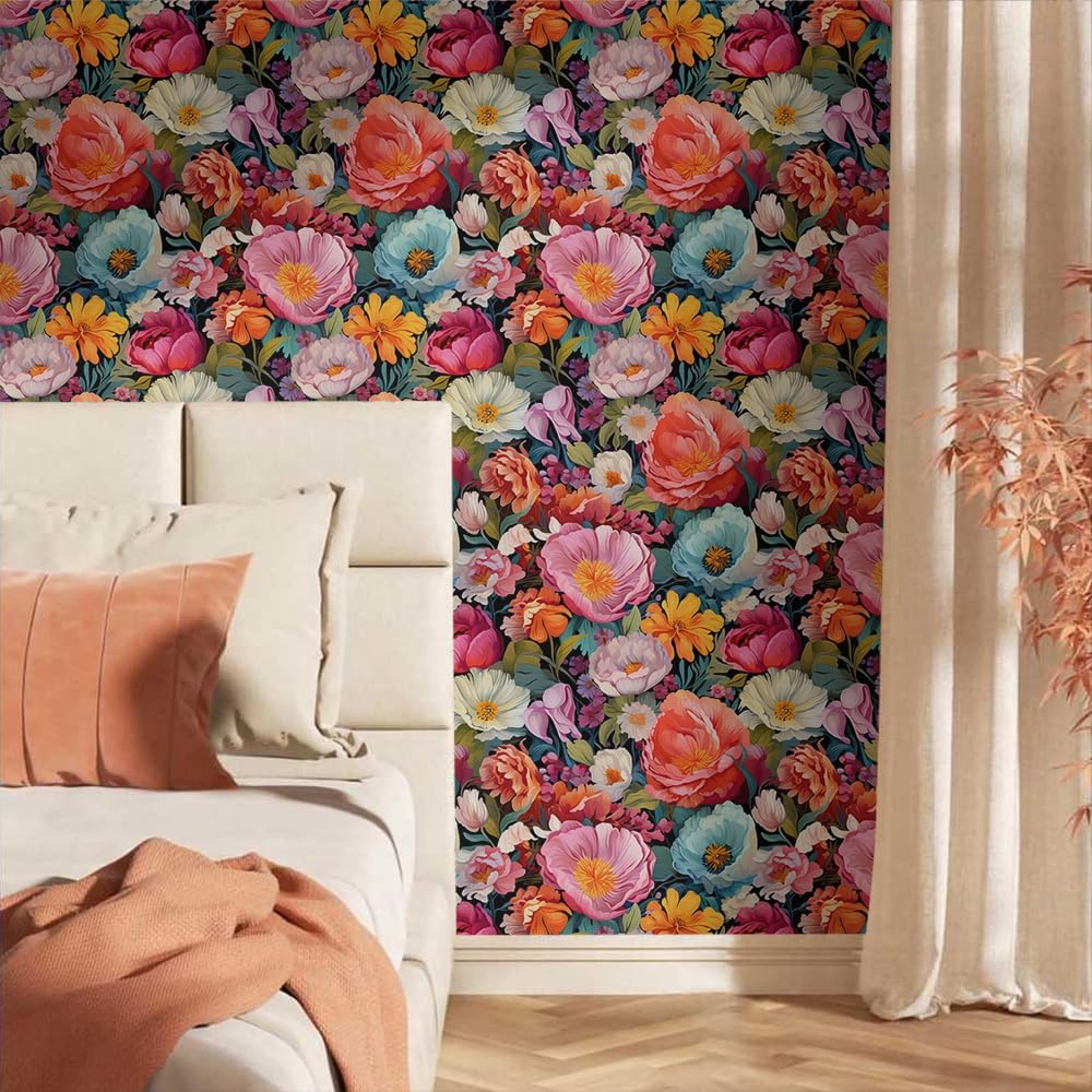 18"x236" Colorful Wildflower Modern Boho Abstract Peel and Stick Self Adhesive Wallpaper Removable Contact Paper Stick on Easy Peel Off Wall Paper for Kitchen Bedroom Bathroom Renter