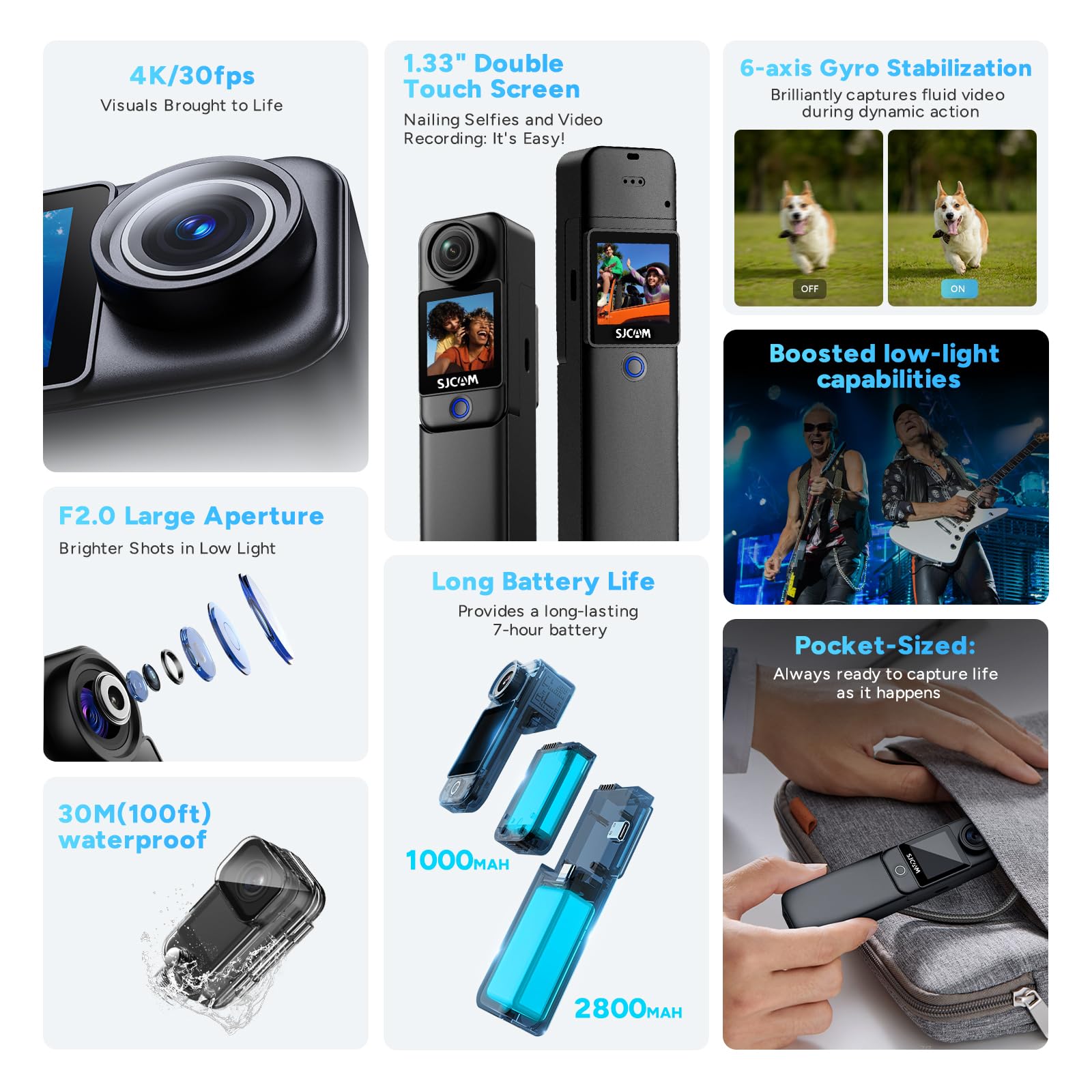 SJCAM C300 2IN1 Vlogging Camera,4K Pocket Travel YouTube Content Streaming,7H Power,6-Axis Stabilization,Dual-Touch Screen,30M Waterproof,Werable begginers Camera,familly,Camara para grabar contenido - 3