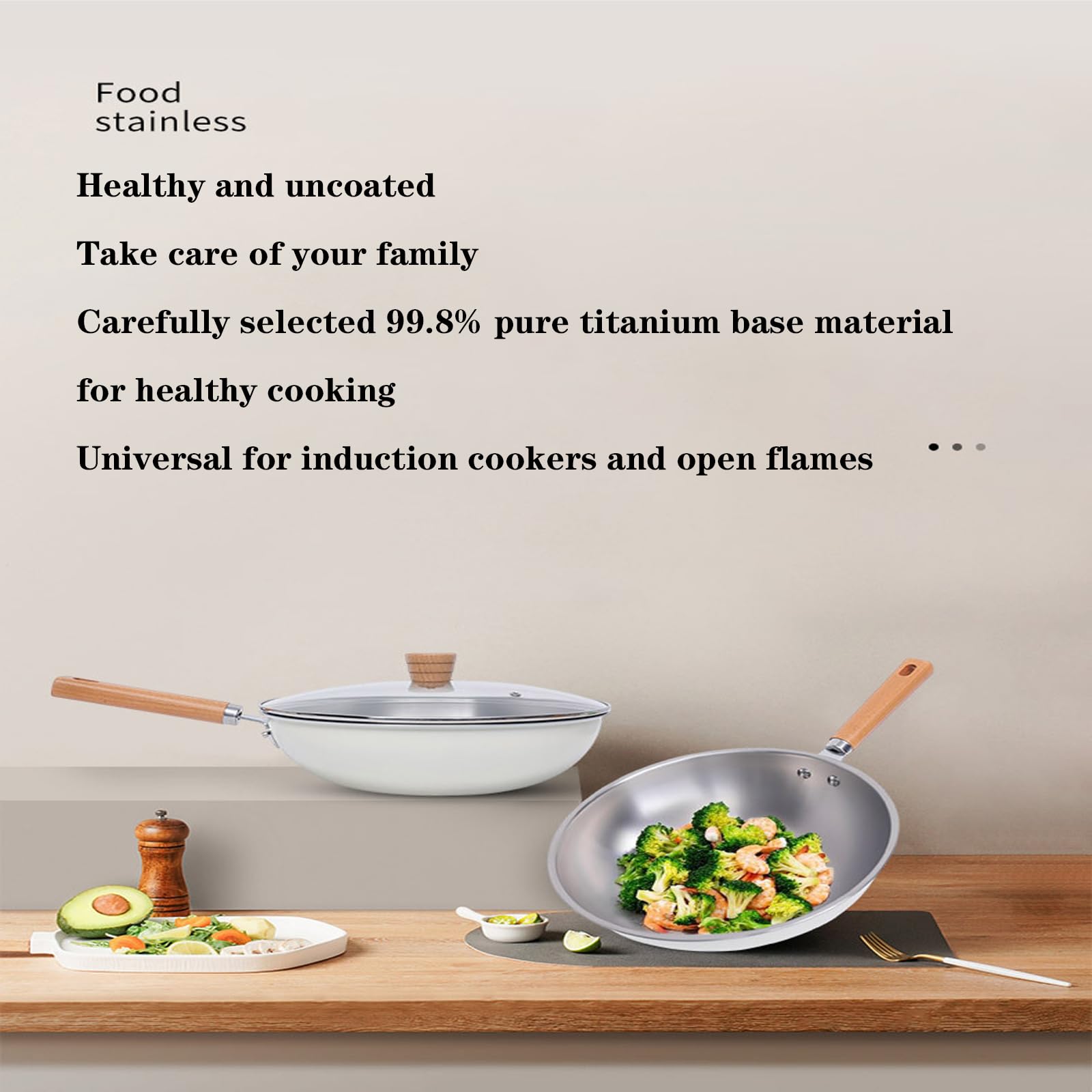 Ultralekki Tytanowy Garnek I Patelnia Wok Tytanowa I Ceramiczna Patelnia Wok Z Powłoką Nieprzywierającą, Patelnia Wok Z Powłoką Nieprzywierającą I Szklaną Pokrywką – Patelnia Do Głębokiego Mieszania