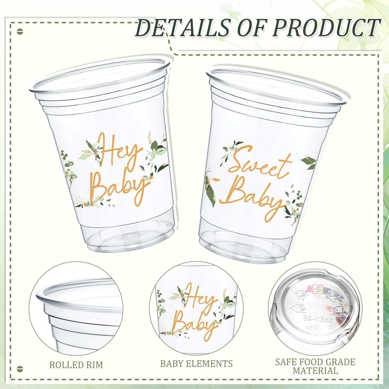 Fuyoooo 48 Pcs Eucalyptus Baby Shower Cups 16 Oz Plastic Cups Thick Clear Cup Sage Green Baby Shower Party Supplies for Birthday Party Favors Gender Reveal Decorations