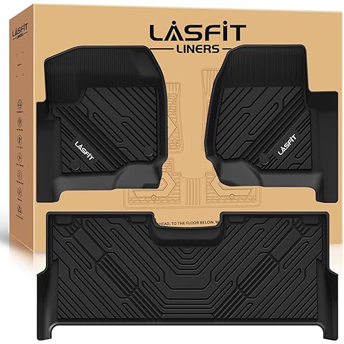 LASFIT Floor Mats for Ford F250 F350 F450 2017-2025 Crew Cab Front Bucket Seat | Rear W/Fold-Flat Storage Carpet Floor Super Duty All Weather Protector TPE Car Floor Liner, 1st & 2nd Row, 3pcs Black