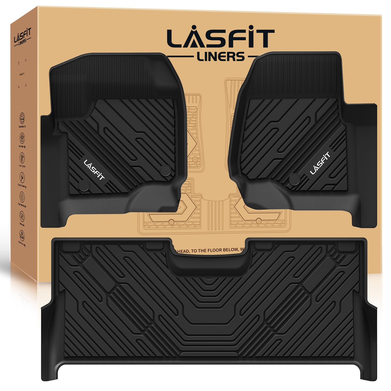 LASFIT Floor Mats for Ford F250 F350 F450 2017-2026 Crew Cab Front Bucket Seat Rear W Fold-Flat Storage