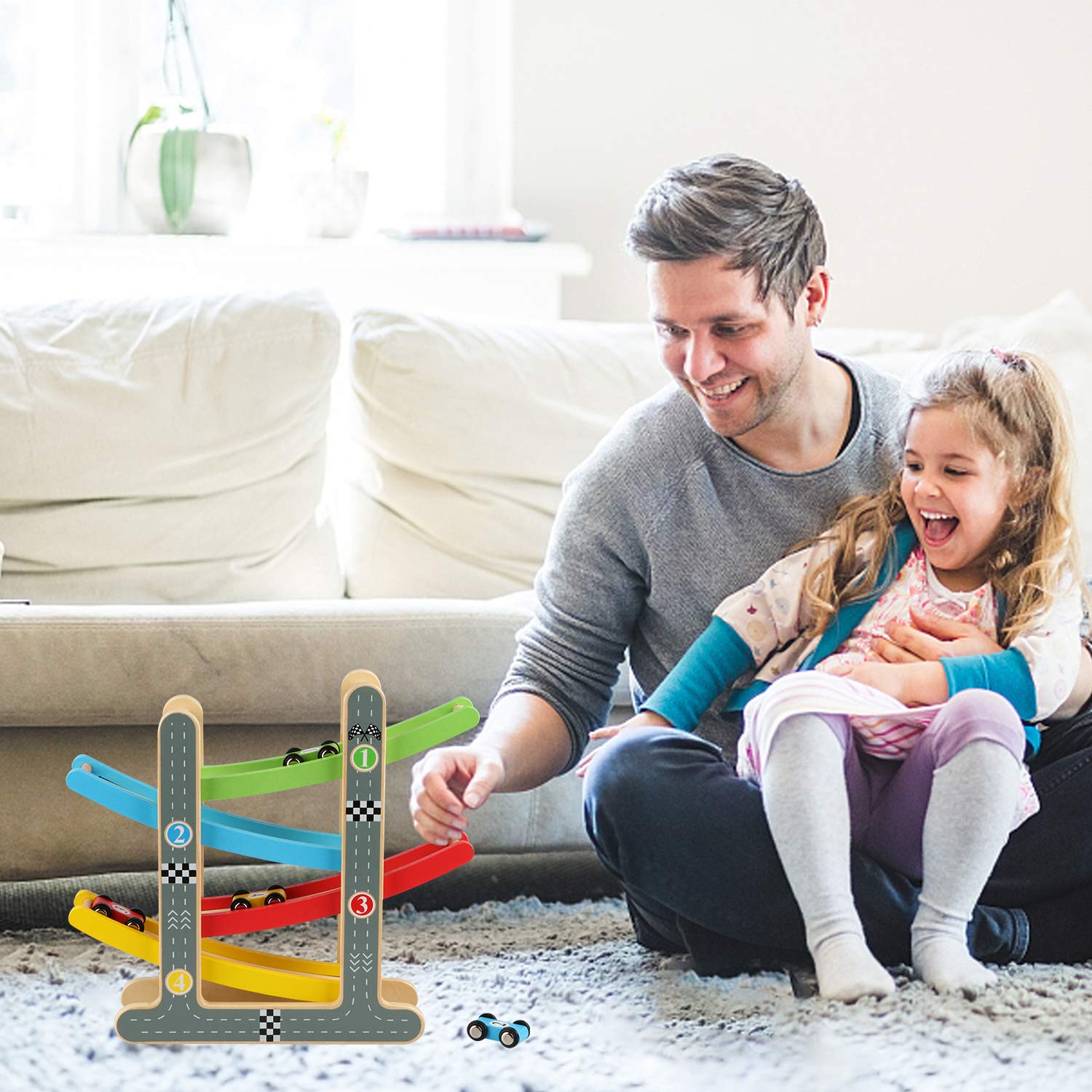 Jacootoys Pista Macchinine per Bambini Piccoli, Pista Auto Giocattolo Macchine Corsa, Pista da Corsa in Legno Giochi con 4 Mini Auto