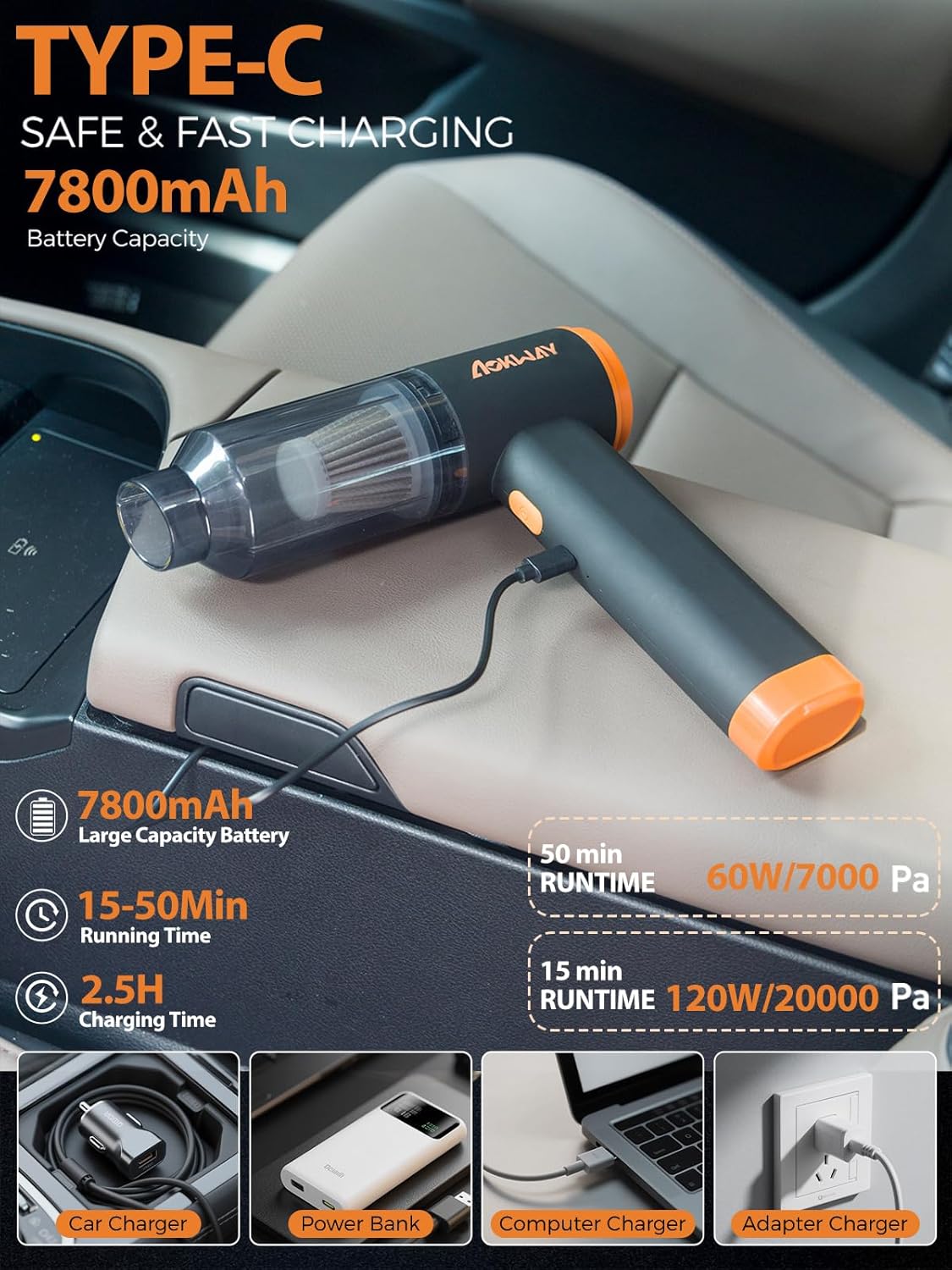 aokway Car Vacuum Portable Cordless 20000PA Powerful Suction, 7800mAh Mini Vacuum Cleaner for Car, Electric Air Duster & Blower, Mini Handheld Vacuum 4-in-1 Rechargeable for Home, Office Desk Cleaning - Image 7