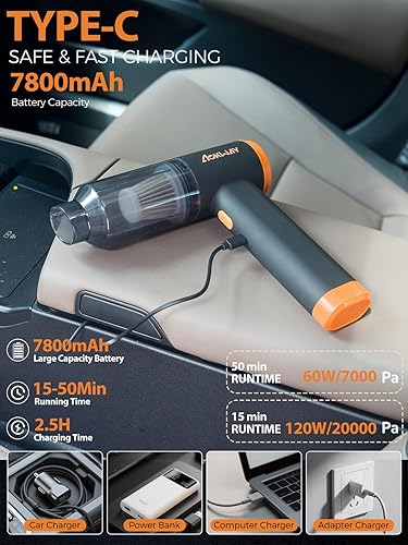 Miniatura 7 de aokway Aspiradora portátil inalámbrica de 20000 PA potente succión, 7800 mAh mini aspiradora para automóvil, plumero y soplador de aire eléctrico,