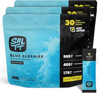 SALTT Electrolytes Powder Flavored Drink Mix - Blue Slushies - 90 Hydration Packets - 100mg Caffeine - Magnesium, Potassium, Sodium, Trace Minerals - Zero Sugar & Gluten Free - 3 Packs of 30