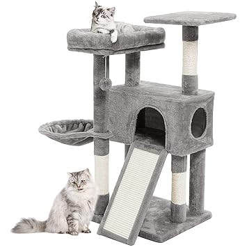 SUPERJARE Cat Tree Condo with Scratching Board & Posts, 40 Inches Activity Kitten Tower Center with Plush Cozy Perch and Dangling Balls, Multi-Level Cat Play Furniture - Grey