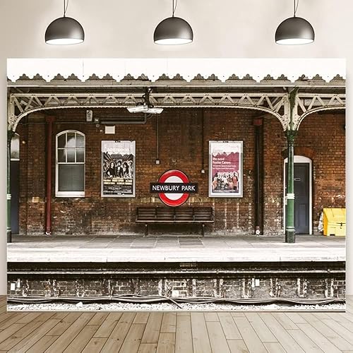 Miniatura 8 de AOFOTO Telón de fondo de estación de tren de 7 x 5 pies, plataforma ferroviaria, pared de ladrillo antiguo, banco nostálgico, fotografía, fondo de