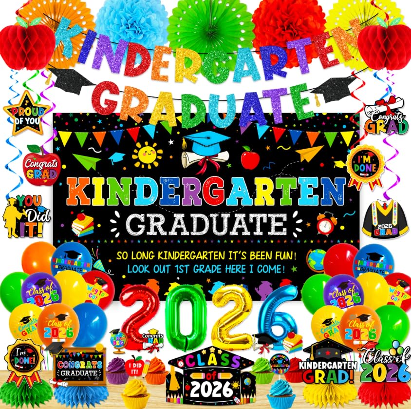 2026 Preschool Graduation Party Decorations Set with Kindergarten Graduate Banner Backdrop Cap Balloons Honeycombs Cake Toppers Supplies for Class of 2026 Elementary Celebration (Black)