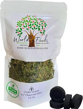 Cedar Leaf Dried Tips & Charcoal, Organic Burning Leaves - Smudging, Spiritual Cleansing, Fresh Harvest Loose Natural Incense Evergreen Leaves for Herbal Use, Rituals, Incense 1.5 Oz. Cedar Leaves