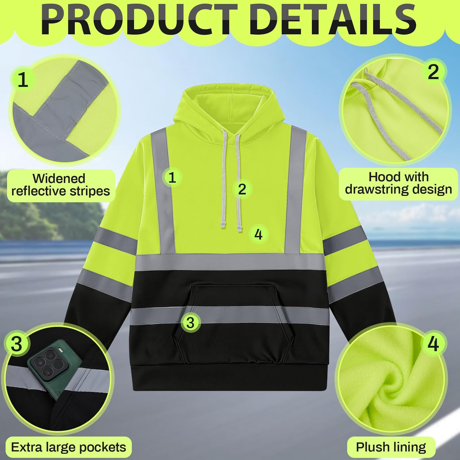 Coume 2 Pcs Hi-vis Hoodie for Men Class 3 High Visibility Sweatshirt Reflective Hooded Hood for Safety Hoodie - Image 6