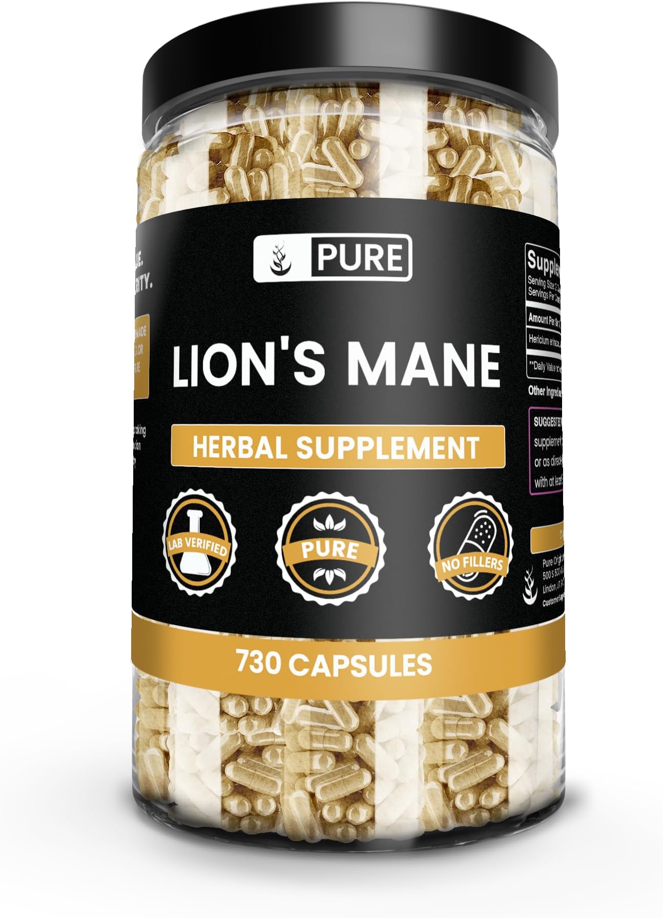 PURE ORIGINAL INGREDIENTS Lion's Mane (730 Capsules) No Magnesium or Rice Fillers, Always Pure, Lab Verified