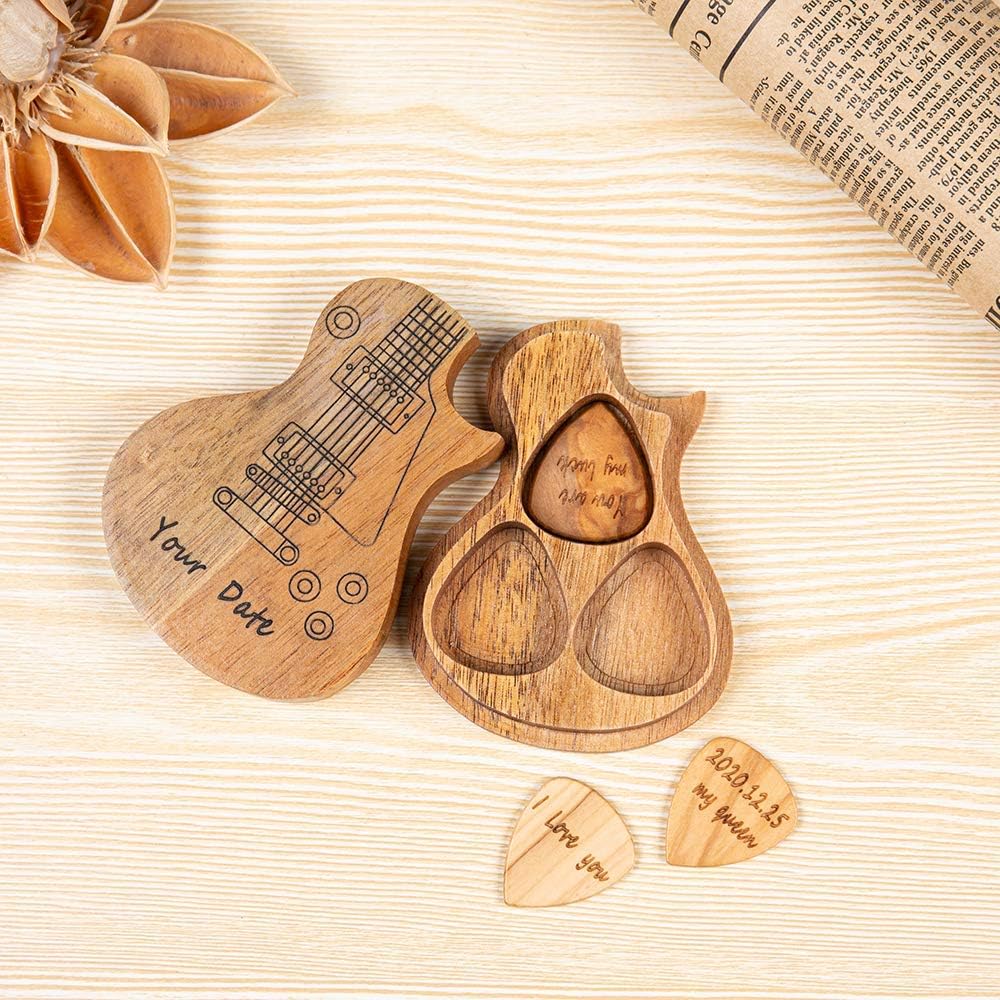 Albertband Personalized Fathers Gifts Wood Guitar Picks Holder Guitar Pics With Case Thin Guitar Picks 3 Pcs Guitar Accessories For Acoustic Guitar Electric Guitar Bass Ukulele