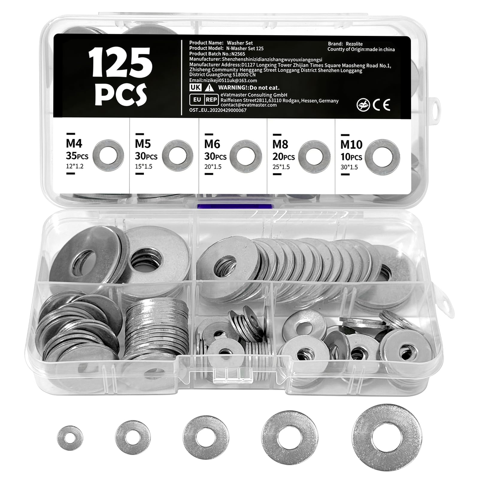 125 Pcs Washers for Screws, 5 Sizes of Stainless Steel Flat Washers Set Including M4, M5, M6, M8, and M10, Suitable for DIY Home Repair Construction