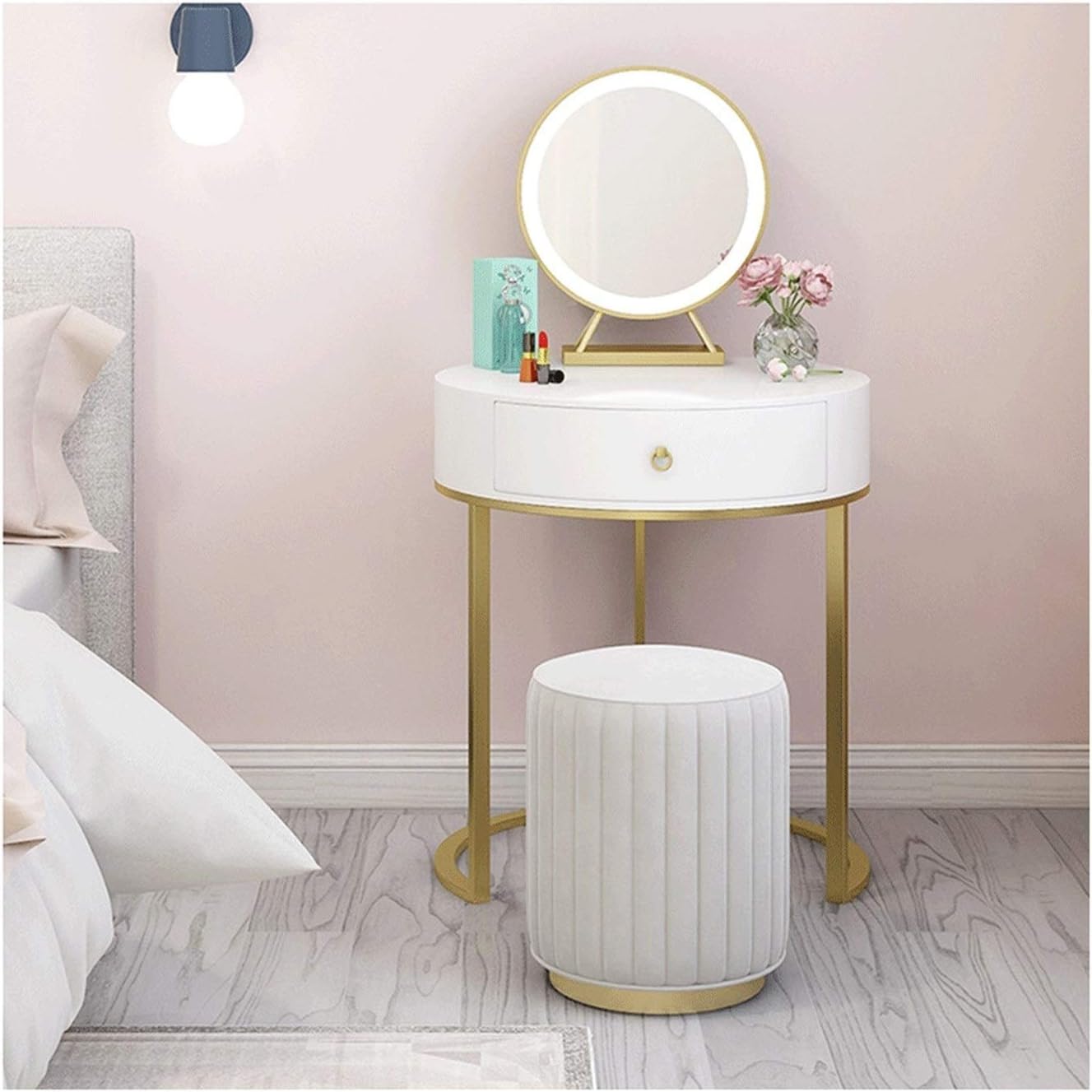 Modern Black Vanity Desk for Girl Round Princess Dressing Table with Stool Makeup Desk for Bedroom 50Cm Size Elegant Vanity Table,White-60cm