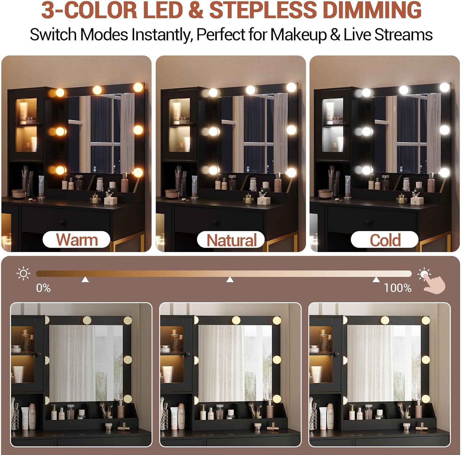 IDEALHOUSE Makeup Vanity Desk with Mirror and Lights, Vanity Table with Charging Station, 2 Open Compartments, 2 Acrylic-Door Cabinets, and RGB Lights Wood Dressing Table for Bedroom