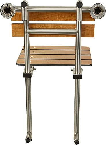 Miniatura 4 de Seachrome Asiento de ducha portátil, banco de perfil, colgado por barra de agarre con respaldo y patas, teca (Modelo SSGBH-180160-PT)