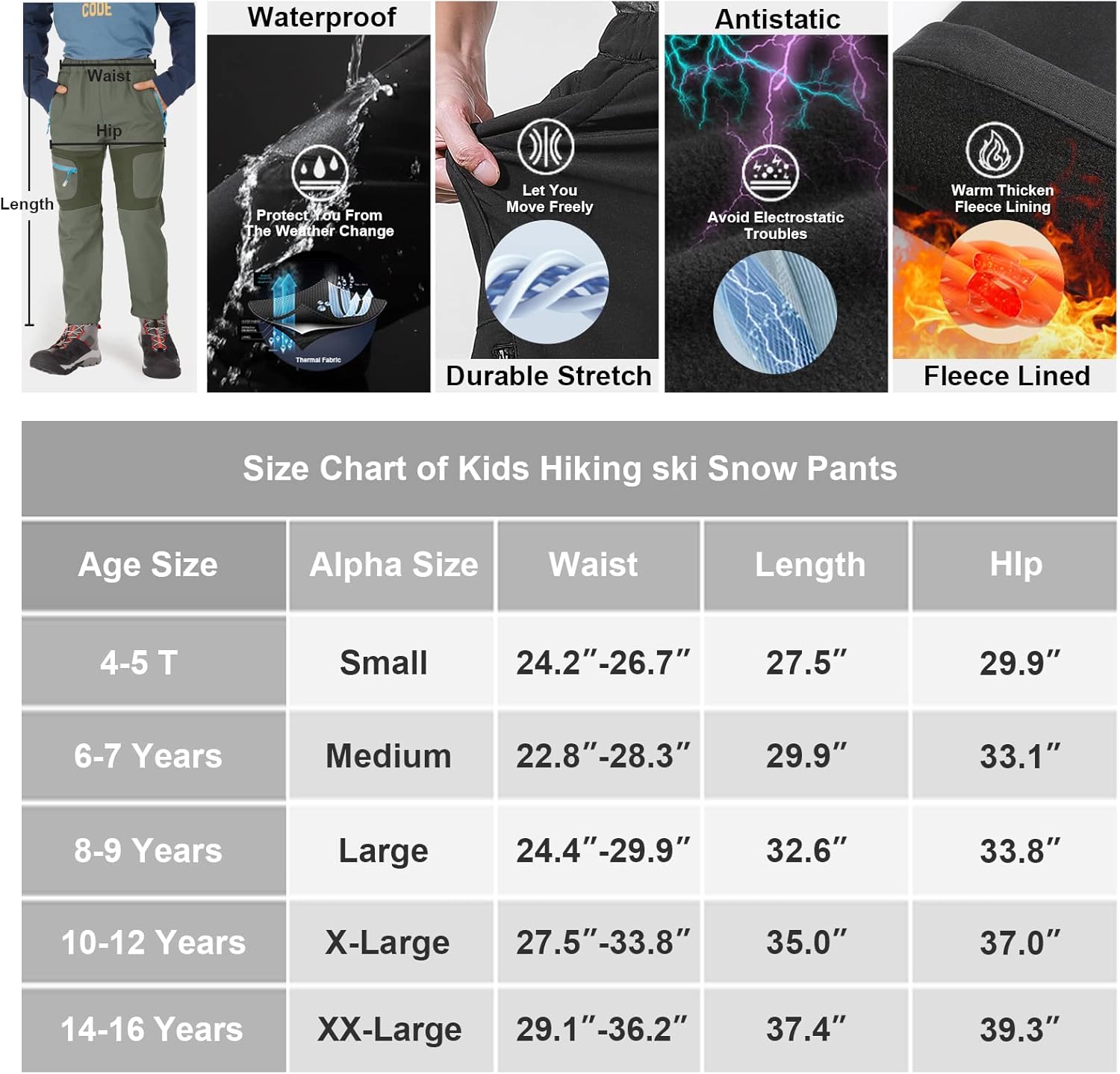 linlon Kids Boy's Snow Waterproof Pants Youth Fleece Lind Hiking Softshell Warm Insulated Trousers : Clothing, Shoes & Jewelry