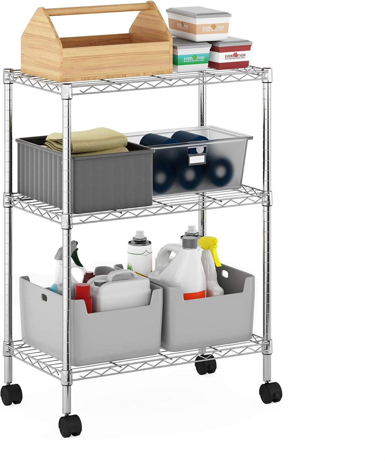 Furinno Wayar 3-Tier Metal Storage Shelf Rack Cart with Casters, 23 x 13 x 30, Stainless Steel image 4