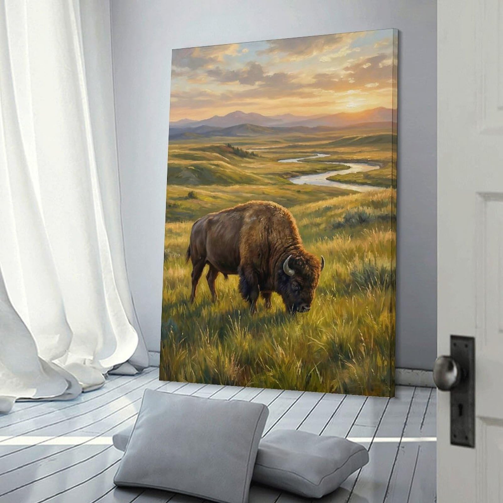Junmoney Room Decor Wall Art Bison Grazing at Sunset Painting, 20x30inch(50x75cm), for Wall Displays, Bedrooms Or Room Updates, An Easy Match for Collected Prints