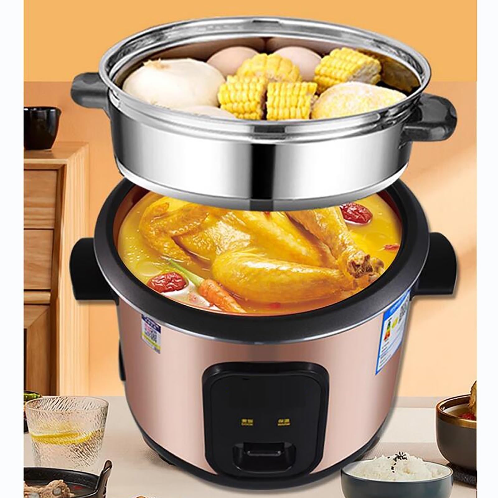 Cuociriso con vaporiera (1,5-5 l) Pentola Interna Antiaderente isolata Prepara Riso e Verdure Sane al Vapore per 1-8 Persone 220-240 V (4 l)