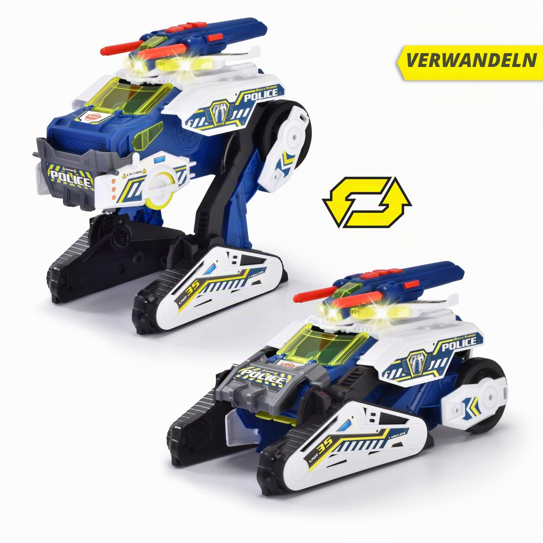 Dickie Toys Rescue Hybrids Polizei-Fahrzeug Police Bot (35 cm) - futuristisches Polizeiauto (groß) mit Transform-Funktion & weiteren Features, Spielzeug mit Licht & Sound für Kinder ab 3 Jahren