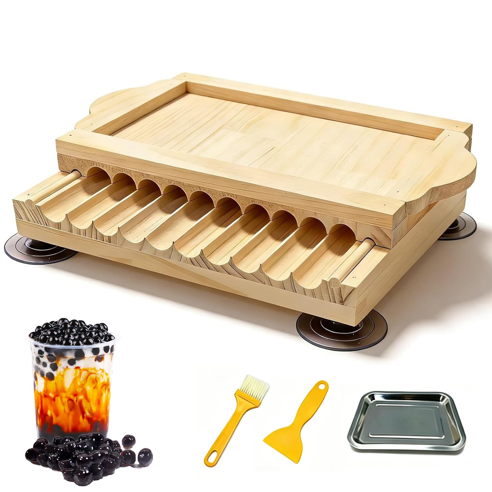Tapioca Pearl Maker - Macchina manuale per la formatura della tapioca con vassoio in acciaio inossidabile e ventosa, macchina per polpette in legno per bubble tea e pasticceria