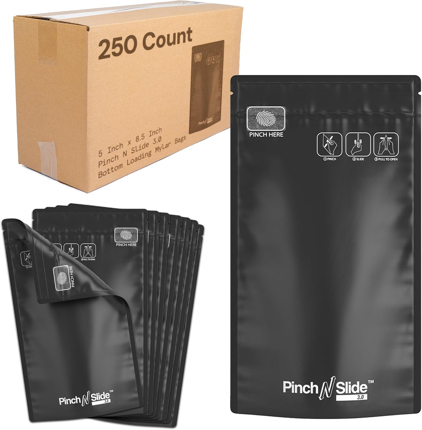 250 Pcs - 5 Inch x 8.5 Inch Pinch N Slide 3.0 Matte Black Bottom Loading Smell Proof Mylar Bags – Child Resistant & Tamper Evident - Half Ounce (14 Grams)