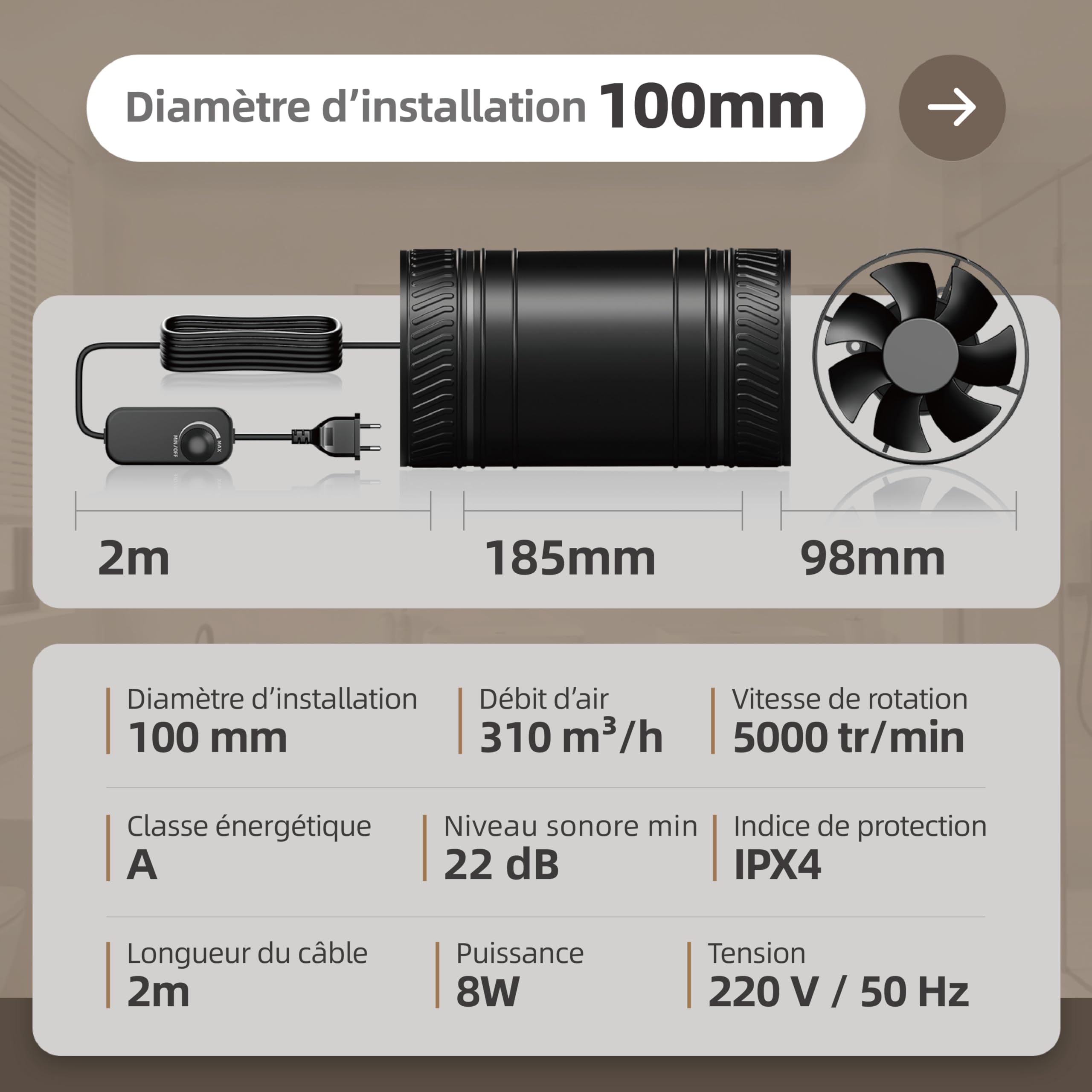 MOCINE Ventilateur de Conduit 100mm Ultra-Silencieux Moteur DC 311m³/h IPX4