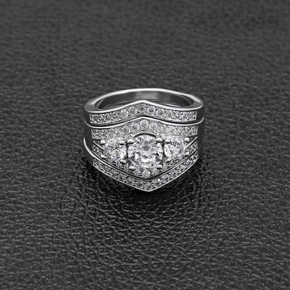 Leah II Wedding Ring Set for Women by Ginger Lyne | 3 Pcs Engagement Ring with 2 Matching Wedding Bands for Her| Bridal Jewelry for Wife or Girlfriend Size 8