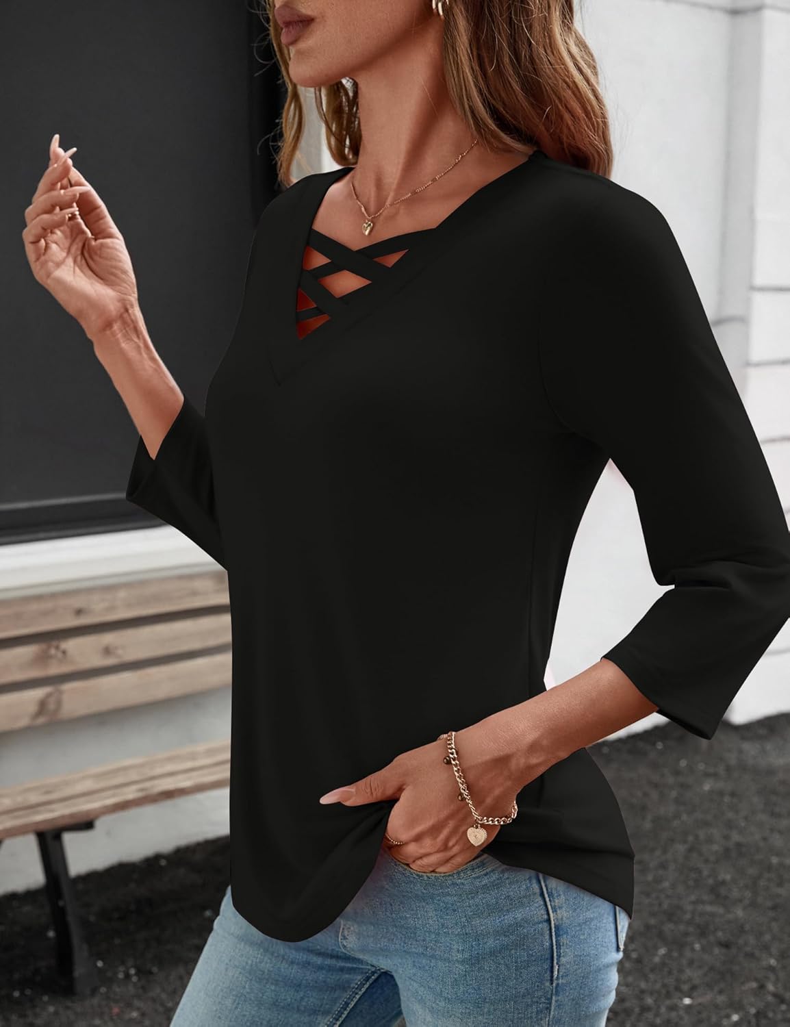 Rapbin Women Blouses Dressy Casual Spring Tops 3/4 Length Sleeve Womens T Shirts V Neck Criss Cross Tees - Image 3