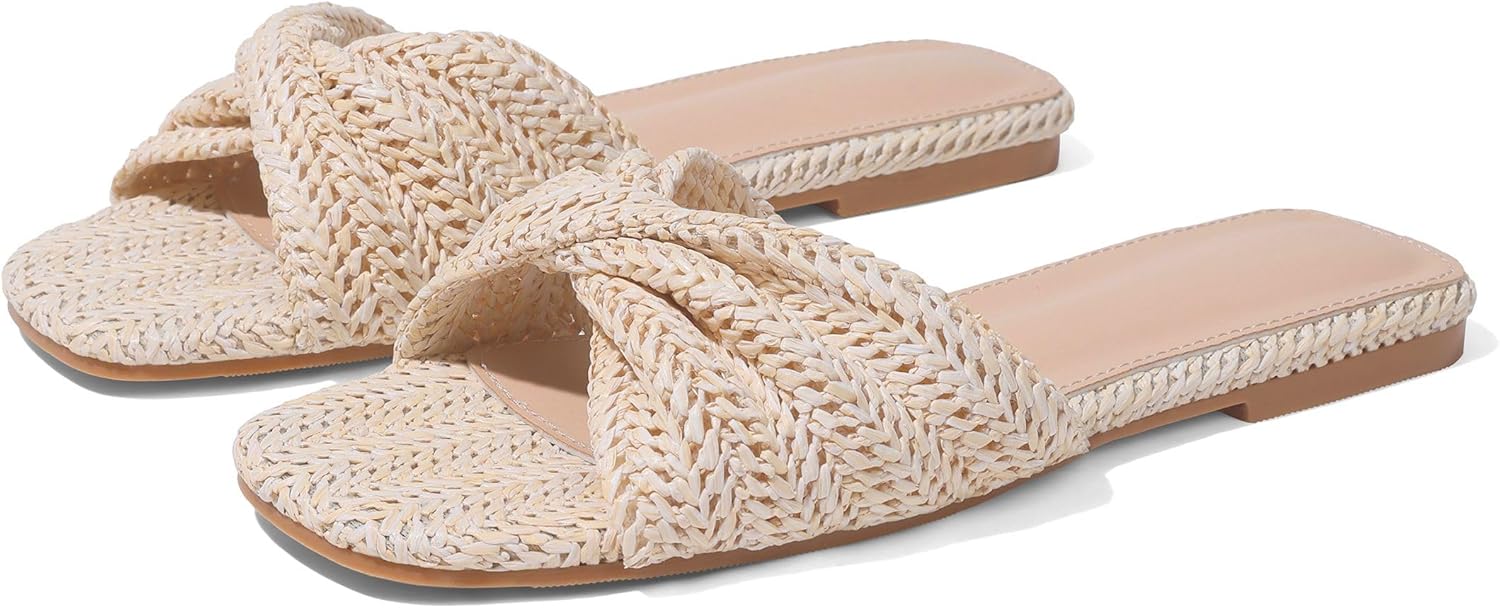 Raffia Flat Sandals for Women Straw Woven Braided Twist Slip On Slides - Summer, Open Toe, Beach, Comfort, Dressy