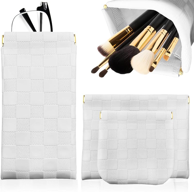 Necessaires de maquiagem xadrez PENGJINYU em couro, fechamento automático, brancas, Pacote com 3