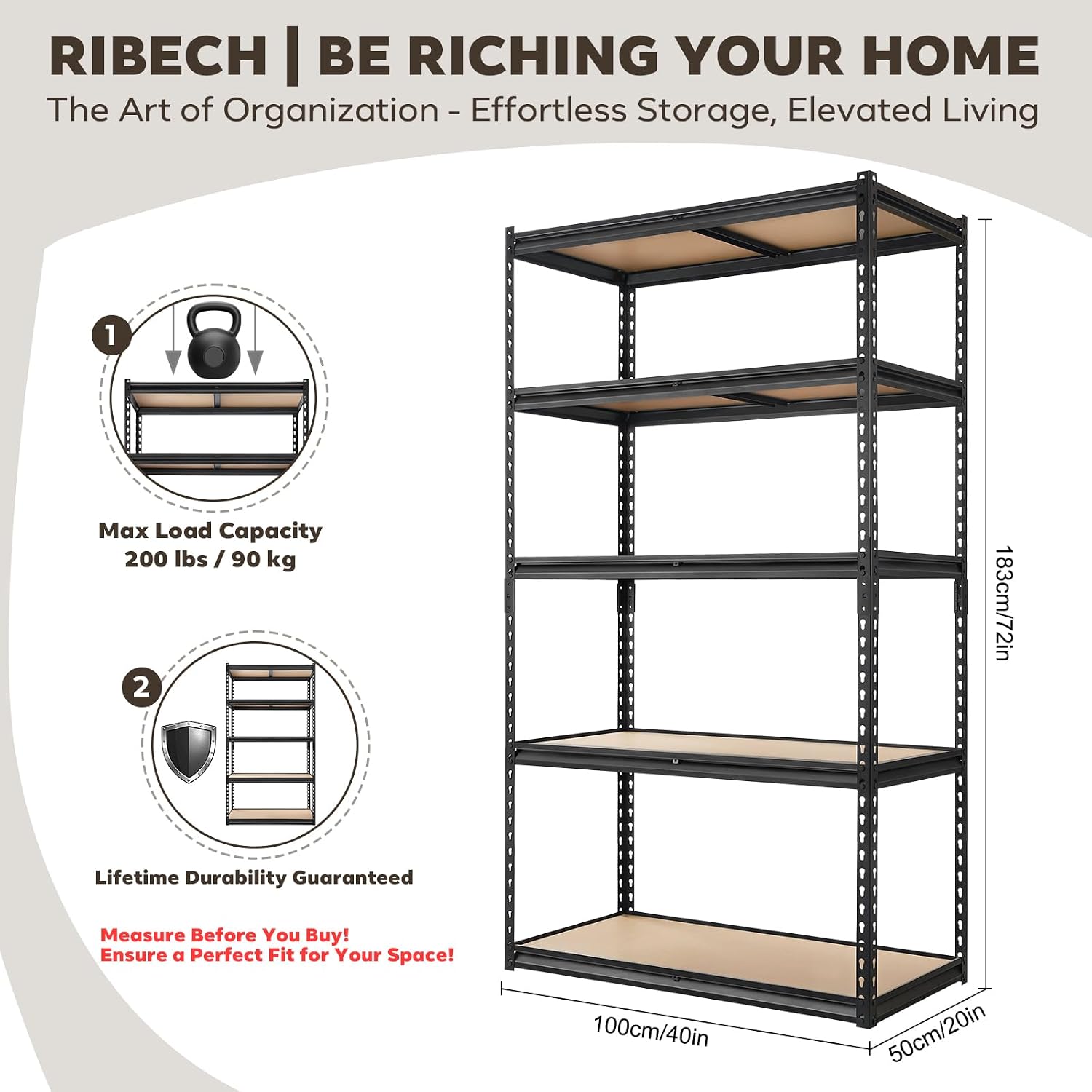 2000LBS Storage Shelves 5 Tier Garage Shelving Heavy Duty, Adjustable Metal Shelving Unit, Garage Shelves for Basement, Warehouse, Pantry, 72" H x 40" W x 20" D, Black