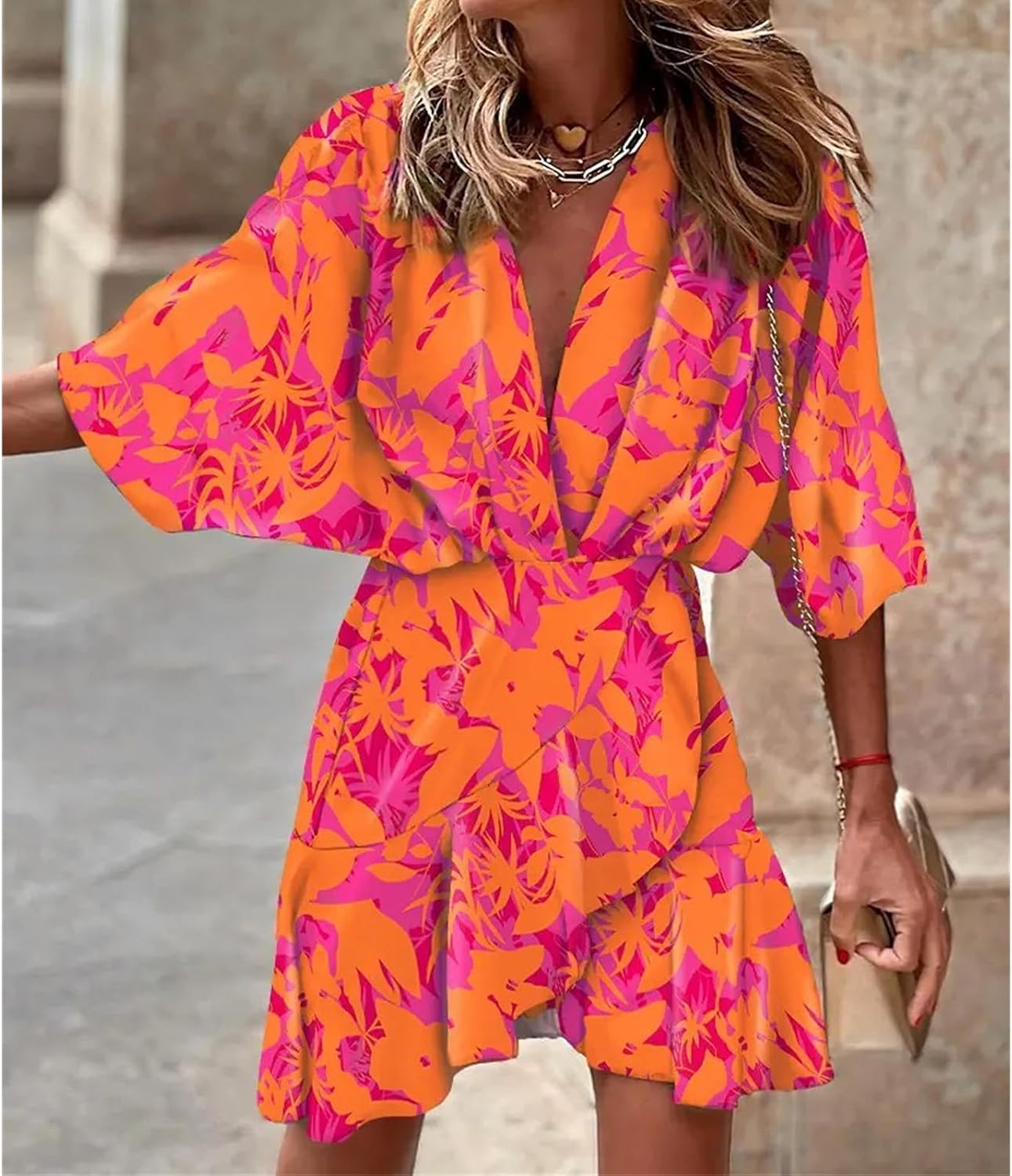 Wankang Colorful Short Summer Dresses for Women Ruffle Boho Mini Dress Half Sleeve Hippie Dress Swing Beach Dresses