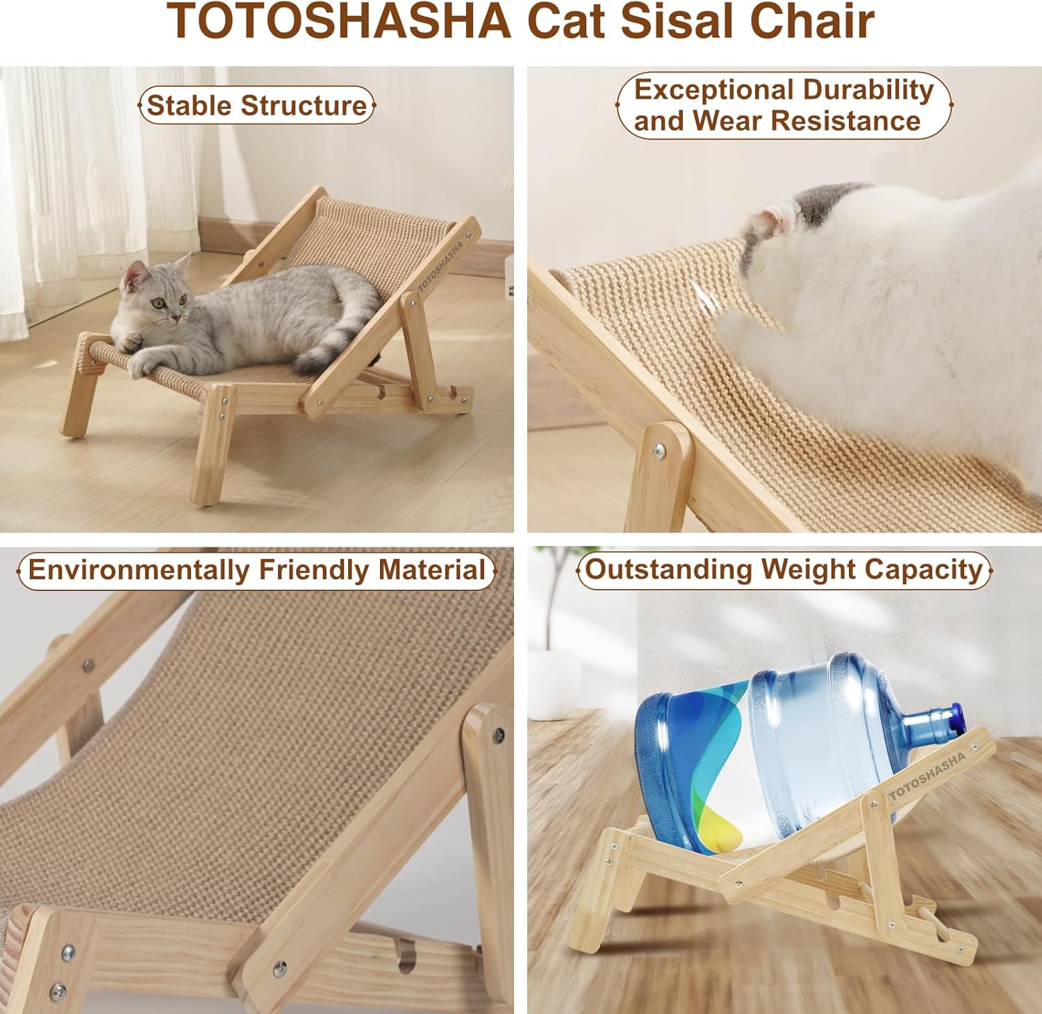 Cat Lounger with Sisal Mat, Four Heights Adjustable, Lounge Chair for Small and Medium Cats