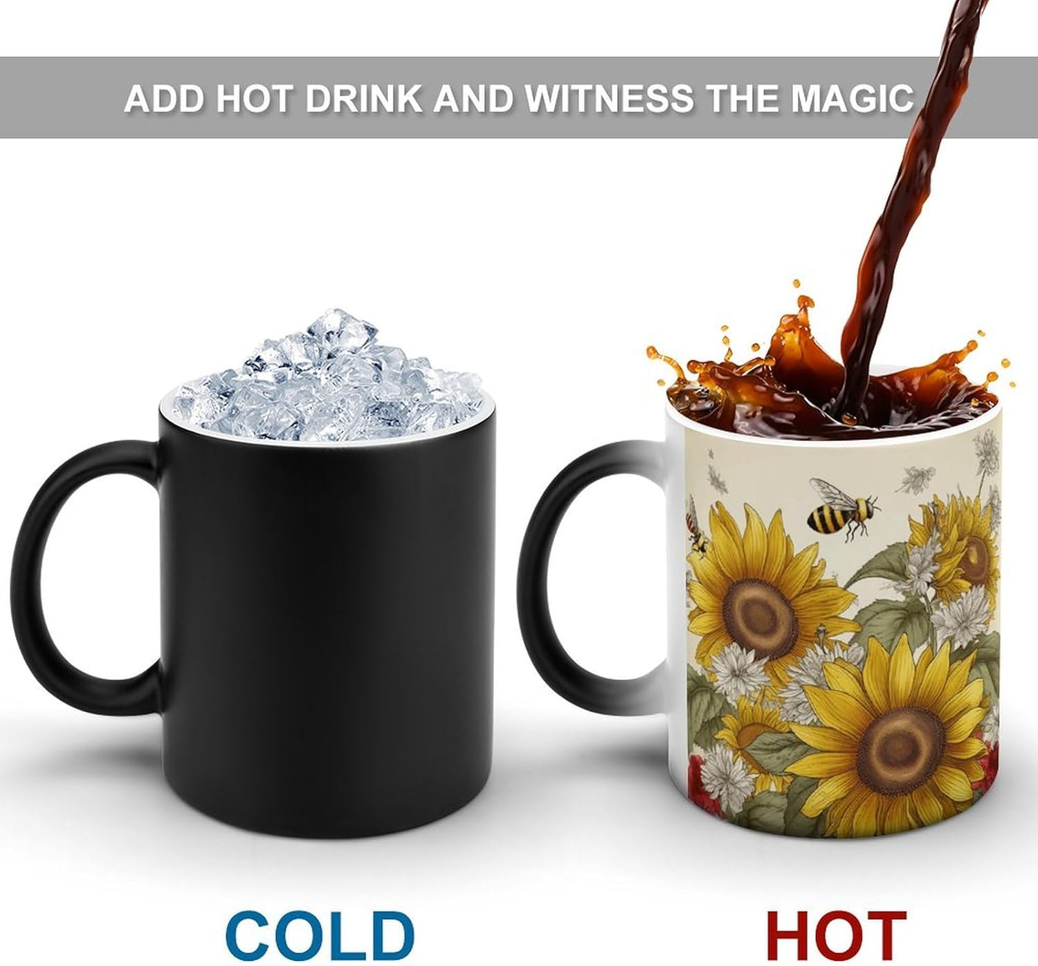 Color Changing Mug Bees Sunflowers Daisy Rose Printed Ceramic Coffee Mug Heat Changing Sensitive Mug Magic Heat Changing Coffee Mug Novelty Coffee Mugs