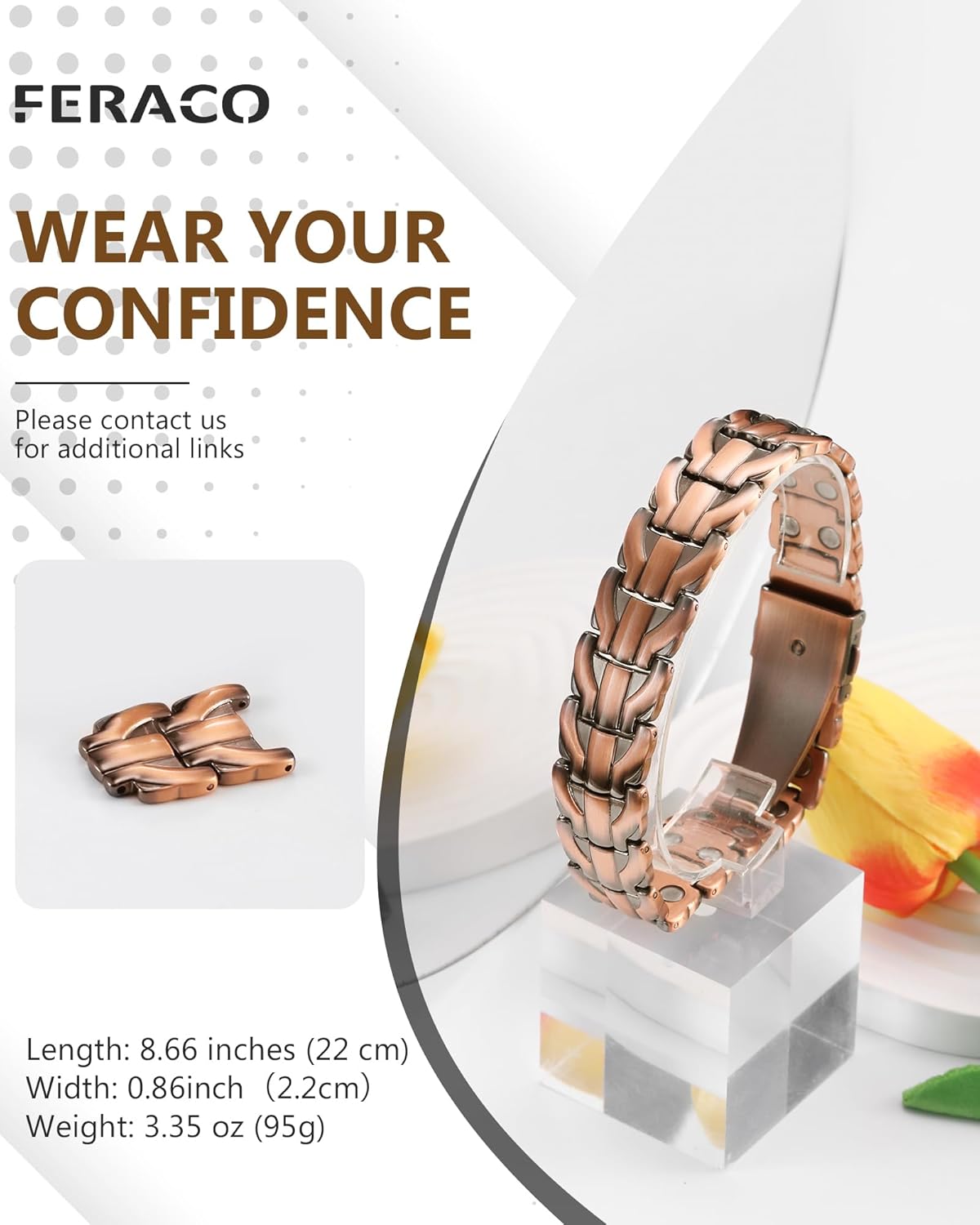 Feraco Copper Magnetic Therapy Bracelet for Men with 5X Strength Magnets,99.99% Pure Copper Therapy Bracelet with 5000 Gauss Magnets - Image 5