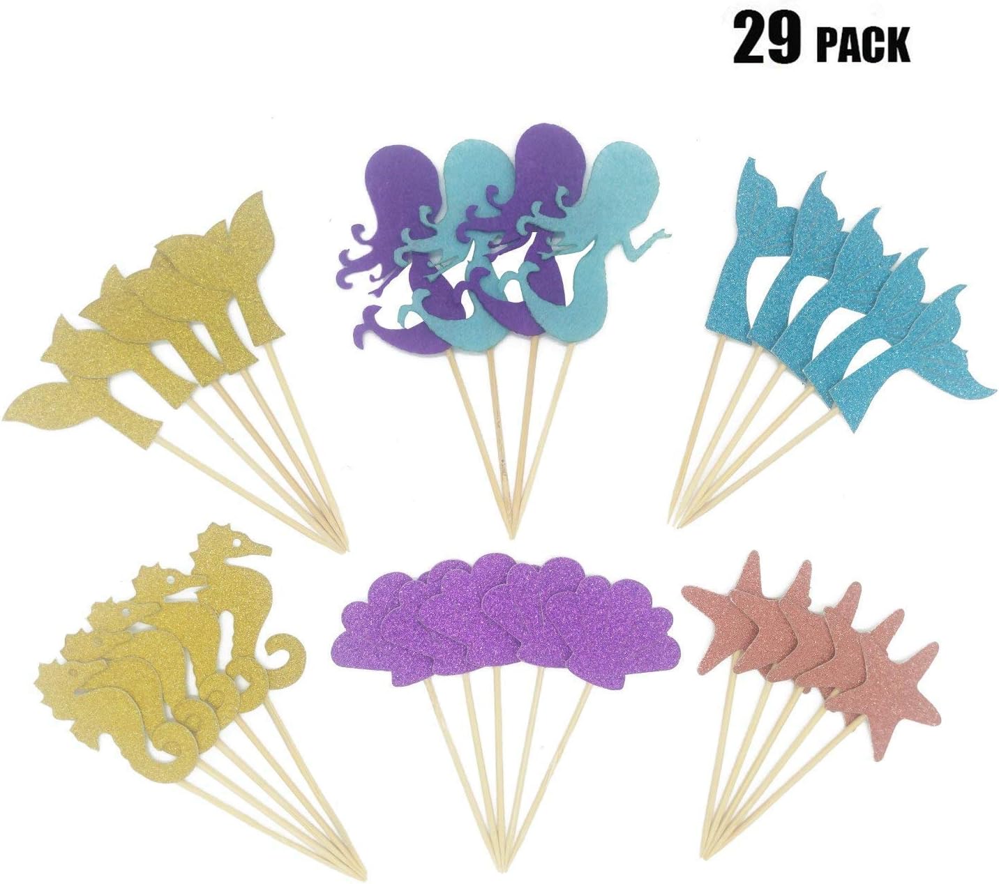 Maydolbone 29pcs Glitter Mermaid Theme Cupcake Toppers- Birthday or Baby Shower Food Picks Decor and Cupcake Party Pick，ncluding Mermaid， Shell ，Fishtail ，Starfish ，Seahorse