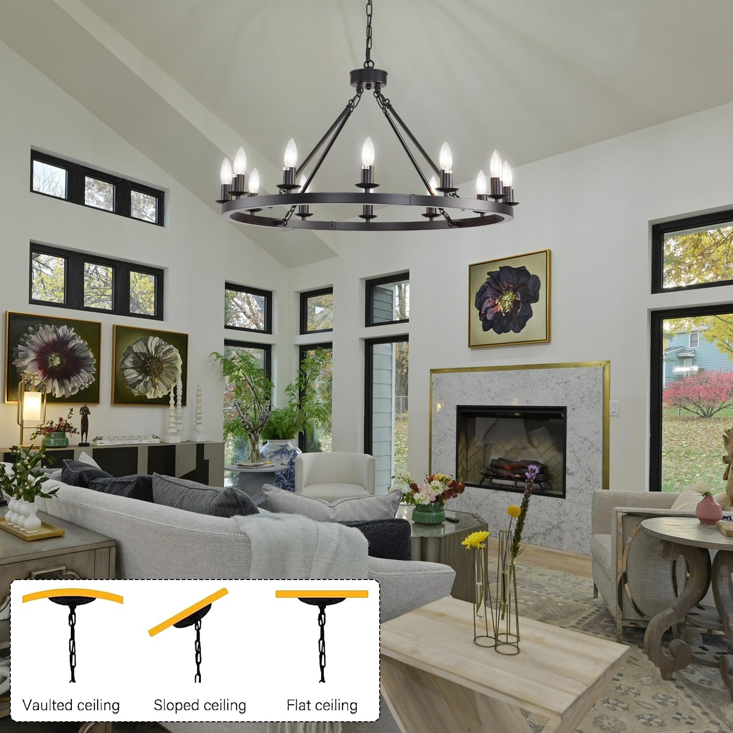 32 inch Black Wagon Wheel Chandelier, 12-Light Farmhouse Round Wheel Chandeliers High Ceilings Hanging Light Fixture Outdoor Chandelier for Porch, Foyer, Dining Room, Living Room